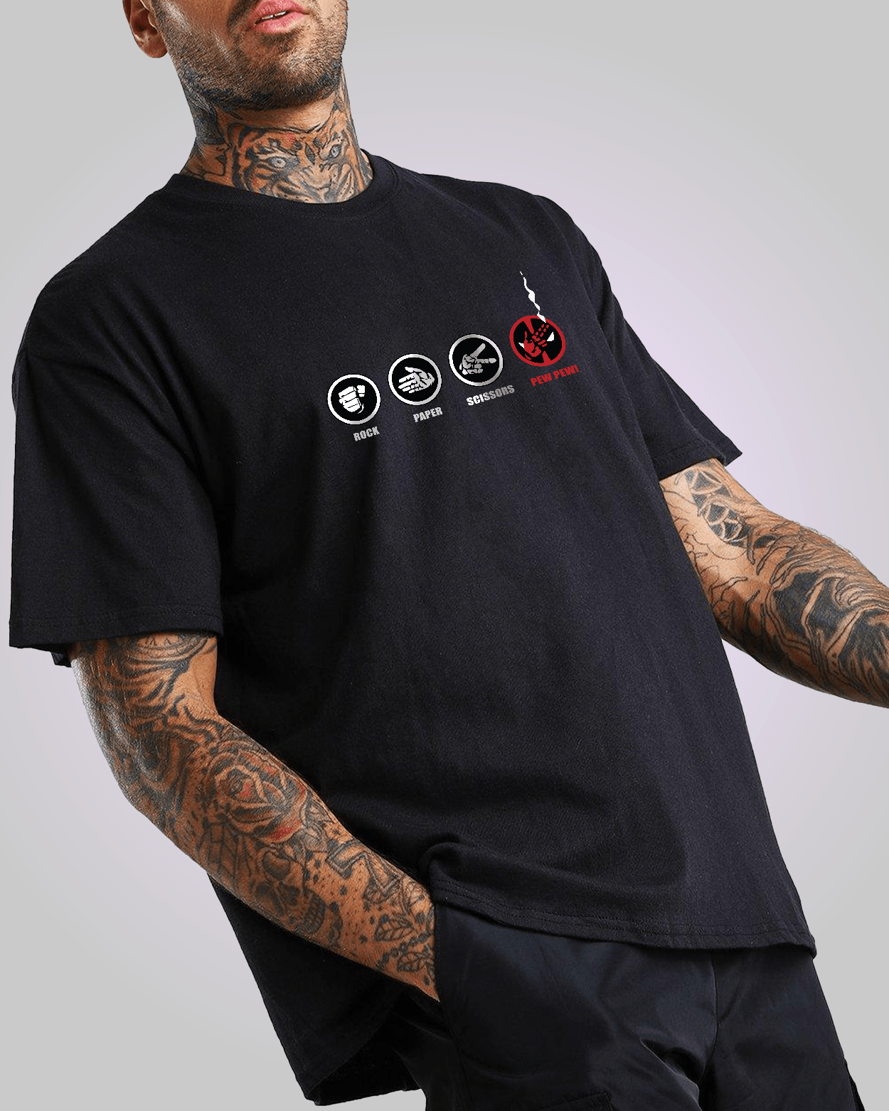 Deadpool: Rock, Paper, Scissors Pew Pew Oversized Tee - zven.in